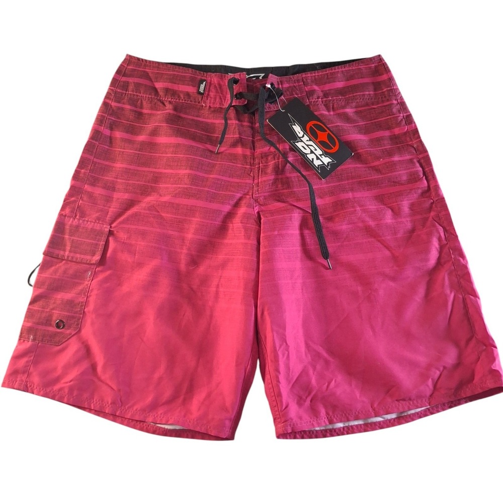 No Fear Board Shorts Men's 32 Striped Neon Pink Swim Trunks Cargo Pocket NWT